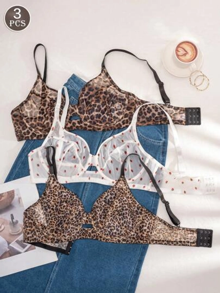 3pcs/Pack Women Plus Size Solid Color, Strawberry & Leopard Print Wireless Comfortable Bras