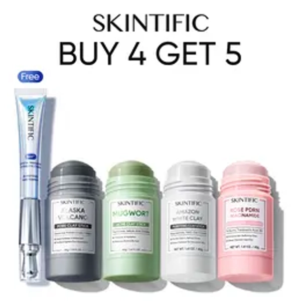 [Buy 4 Get 5] SKINTIFIC Ultimate Clay Stick Bundle – 5 Masks + Free 360° Crystal Massaging Eye Cream / 5X Cleanser Bigger Size – Alaska Volcano + Mugwort Anti Pores & Acne+ Niacinamide Bright Boost + Amazon White purifying + PDRN Rose Clay Stick