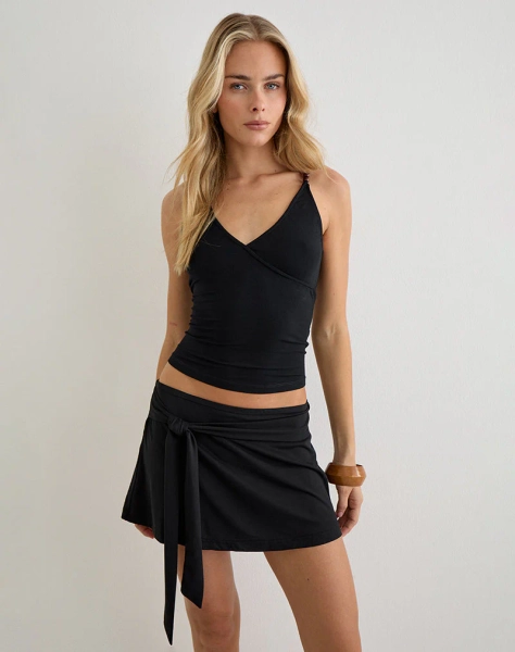 Grecia Tie Mini Skirt in Cupro Black