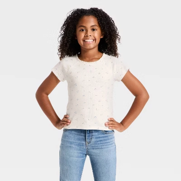 Girls' Short Sleeve Fitted Ribbed Floral T-Shirt - Cat & Jack™ Cream S
