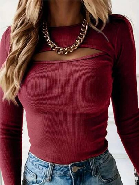INAWLY Women's Leopard Print Hollow-Out Slim Fit Long Sleeve Crew Neck T-Shirt, Spring & Autumn Graphic Cheetah Print Tees Women Tops For Spring Outfit Fall Cloth For Women