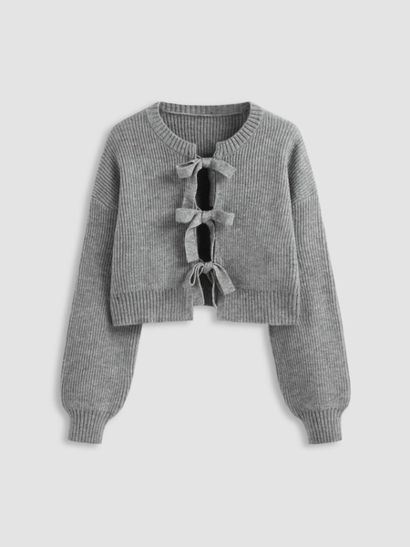 Christmas Preppy Christmas Knit Fabric Knit Round Neck Solid Tie Front Bowknot Cardigan For School Daily Casual Date Coffee Shop