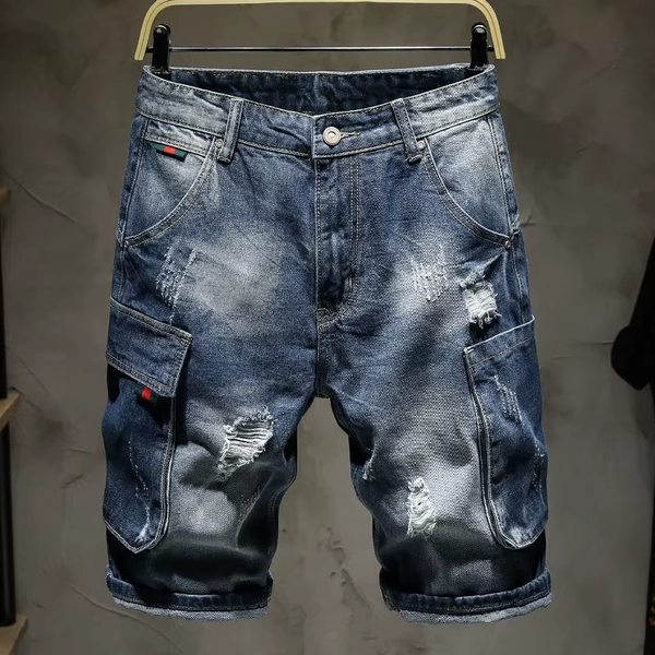 Summer Korean Luxury Washed Solid Ripped Shorts High Quality New Short Pants Fashion Casual Distressed Blue Designer Jeans Men