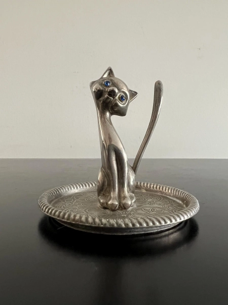Vintage Silver plated Nickel cat ring holder, jewelry dish retro gift