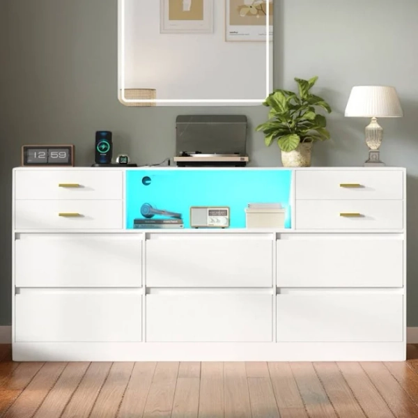 10 Drawer Dresser with Charging Station and LED Lights