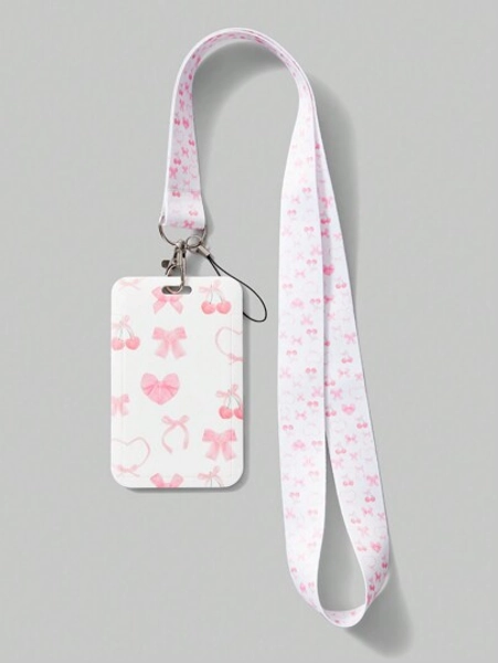 ROMWE Kawaii 1pc Lovely Cherry Pink Bow Card Holder & Lanyard