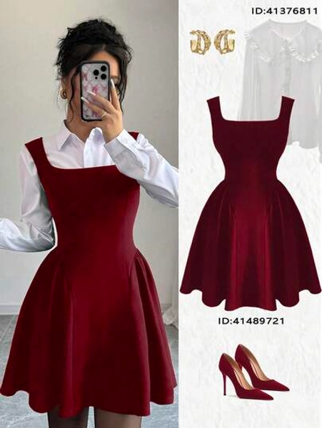Elenzga New Ladies Square Neck Sleeveless A-Line Ruched Hem Dress, High Elasticity Textured Fabric Solid Color, Stylish Young Fitted Commuting Casual Versatile Waist Slimming, Elegant Refined, Suitable For Spring/Summer/Autumn/Winter Burgundy Color Women Outfit Valentine's Day