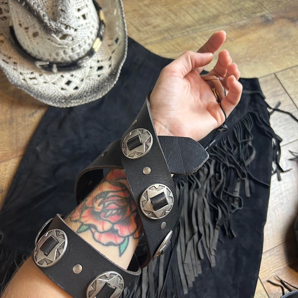 NWT Black leather belt with silver conches . Size: S...