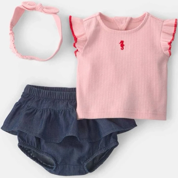 Carter's Baby Girl 3-Piece Chambray Headband, Top & Chambray Short Set