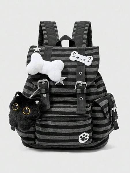 ROMWE Grunge Punk Punk School Style Cat Paw, Bone, Star & Striped Color Block Multi-Pocket Unisex Backpack, Large Capacity For Commute And School Useback To School Essentials, Bags For University, University Essentials