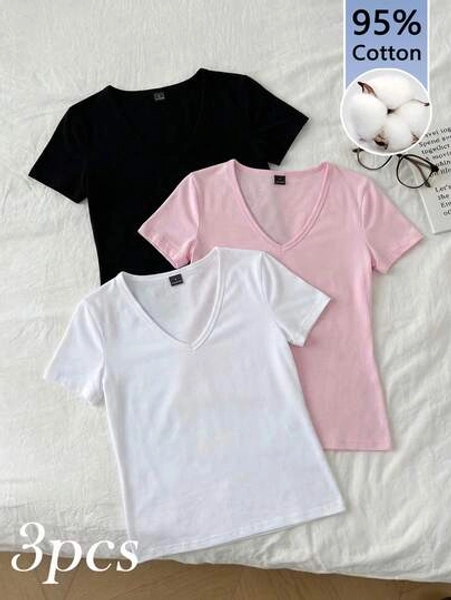 Tseoso Women's 3-Pack 95% Cotton T-Shirt Set,White And Pink Black Deep V-Neck Fitted Casual Short Sleeve Basic Tee,Summer Everyday Retro Soft Girl Style - Size S