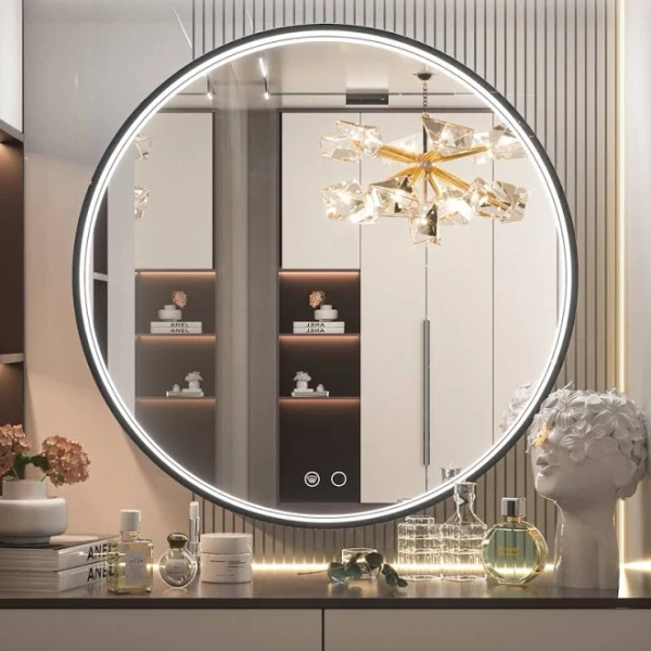 Ivy Bronx Akhiya Black Metal Frame LED Round Vanity Mirror