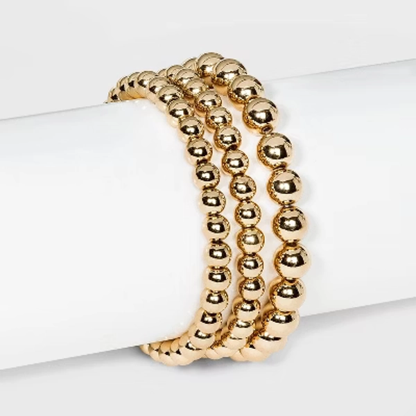 Brass Beaded Bracelet 3pc - A New Day™ Gold: Nickel-Free Elastic Band, One Size Fits Most