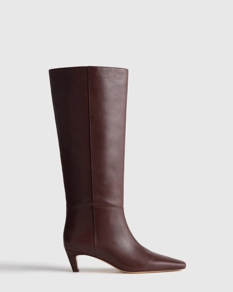 Women's Italian Leather Tall Kitten Heel Boots in Espresso Brown