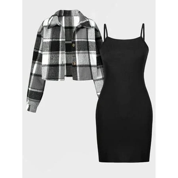 Mikrdoo Kid Girls Outfits 8y,9y,10y,11y,12y Big Girls Straps Dress Plaid Print Lapel Collar Cropped Coat 2Pcs Clothes Set