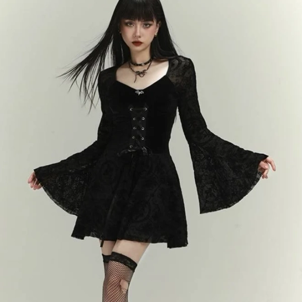 Gothic Lace Bell Sleeve Thigh-Length Dress