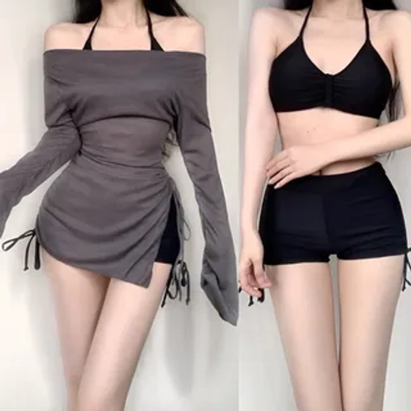 Set: Halter Plain Bikini Top + Drawstring Shorts + Long Sleeve Off Shoulder Plain Slit Top