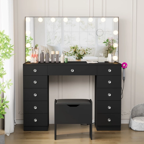 Greyden Vanity With 11 Drawers & Storage Stool
