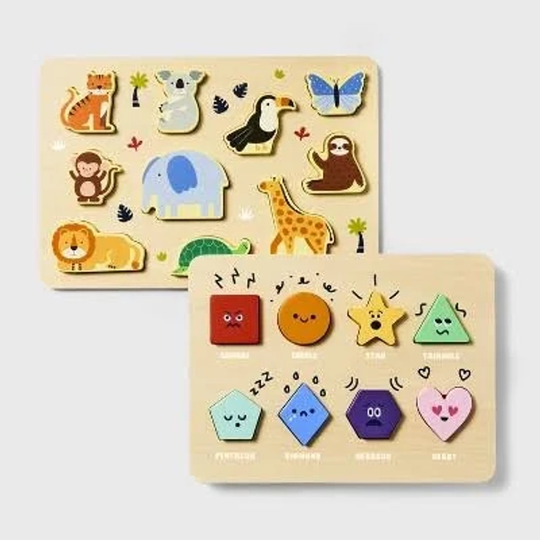 Wooden Shapes & Animals Puzzles 2pc Gigglescape Educational Toddler Puzzle Set