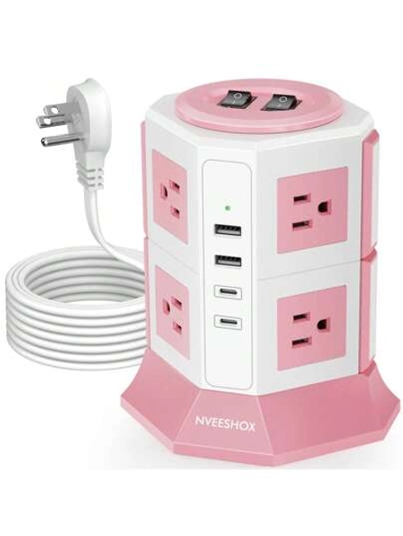 NVEESHOX Ultra Flat Plug Surge Protector Power Strip Tower, 8 AC Outlets 4 USB Charger Ports(2 Type-C),NVEESHOX 6.5 Ft Flat Ultra Flat Extension Cord, Compact Desk Charging Station For Office, School, Dorm