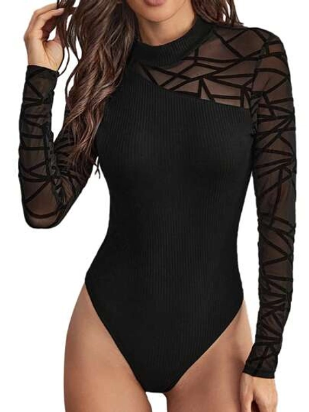 SHEIN Privé Geo Mesh Yoke and Sleeve Rib-knit Bodysuit