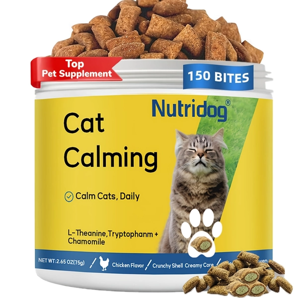 NUTRIDOG Cat Calm Treats -L-Theanine 60mg + Tryptophan & Chamomile, Dual-Texture Chicken Flavor, All Breeds & Ages, 150 Calming Chews for Cats Chewable Salmon with Chamomile Nutritional Supplement (150 Count)