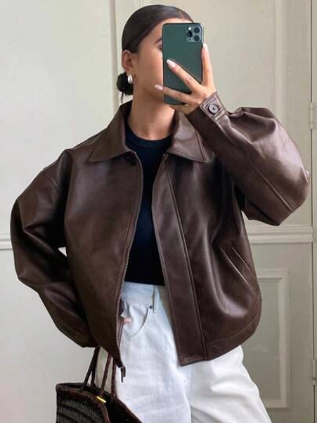 DAZY Autumn/Winter New Loose Casual Thick PU Women Regular Jacket