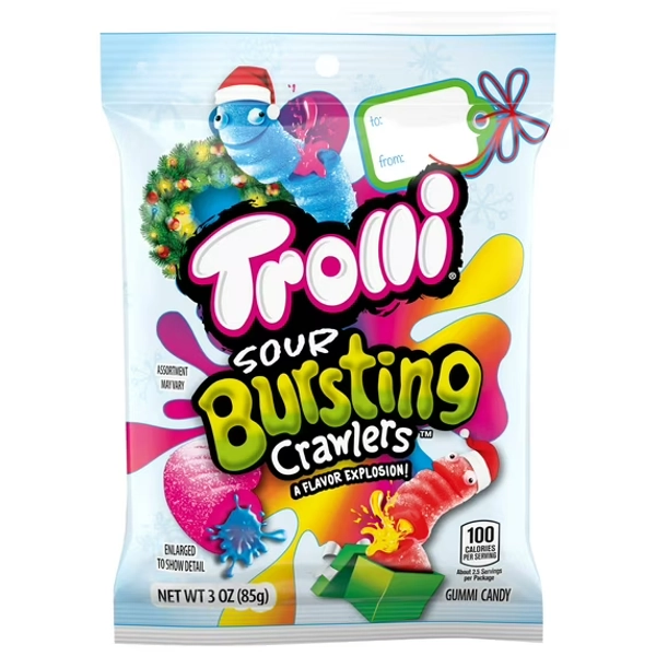 Trolli Sour Bursting Crawlers, Sour Gummy Candy, Cherry Pineapple, Blue Raspberry Strawberry, Strawberry Grape, Mango, Holiday Candy, 3 oz