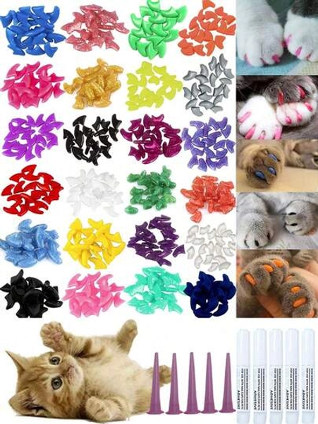 100Pcs/20Pcs Cat Nail Caps, Cat Claw Covers Cat Nail Covers With Adhesives And Applicators,Mixture Of Crystal And Solid Colors (Random Color) - Size S-100Pcs=10 Colors