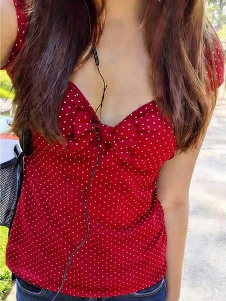 Women Y2K Polka Dot Bow Babydoll Tops Fairy Grunge Short Sleeve Scoop Neck Shirt Teen Girls Cute 90s Girls Vintage Aesthetic Blouses Streetwear