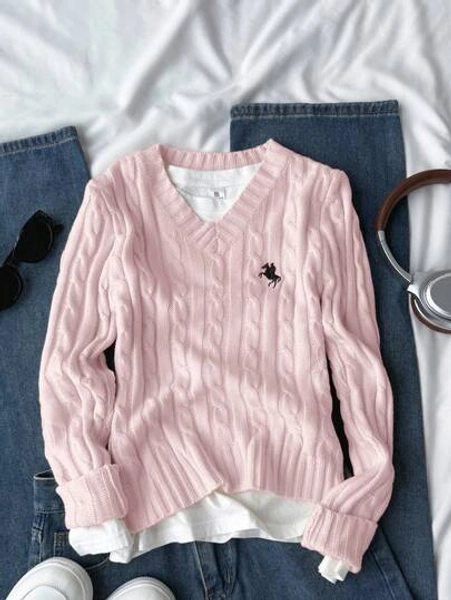 SHEIN Tween Girl Minimalist Embroidered Decor Long Sleeve Pink Sweater Fall Winter