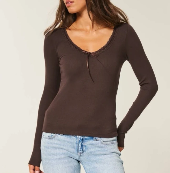 Hollister Women's Lace Trim Long-Sleeve Top