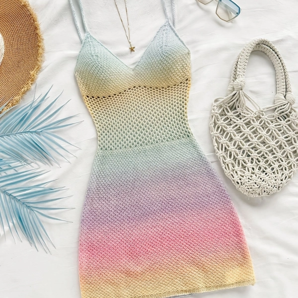 New Women'S Fashion One-Piece Swimsuit Cover-Up with Random Prints, Available in Various Colors. Features Thin Straps And a Hollow Rainbow Multi-Color Design, Perfect for Sexy Beach Vacations. This Short Dress Enhances Elegant Curves