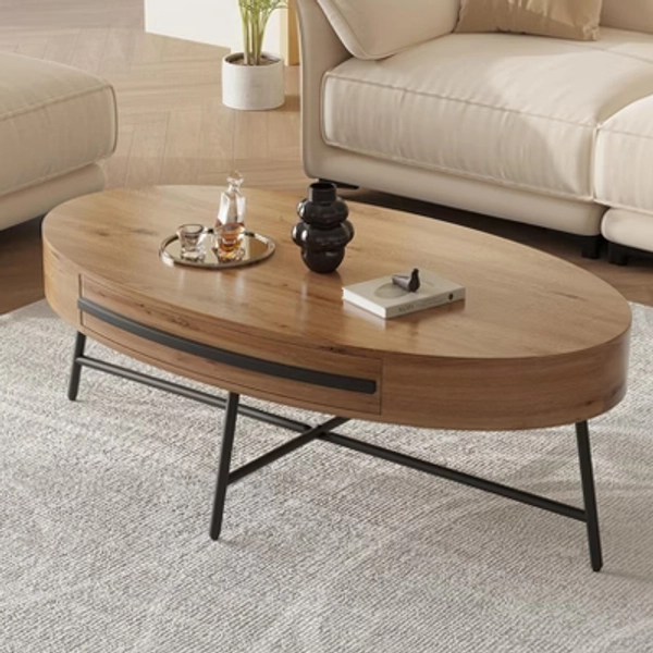 Oval Coffee Table with Drawer Mid-Century Modern Center Table 47.2“ Wooden Coffee Table,Natural