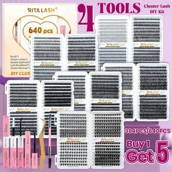 RITALASH 640/384pcs 6 Nature Styles Lash Clusters Kit, Cosmetic False Lashes, 10D/20D/30D/40D/50D/60D Eyelash Clusters Extensions with Essentials for