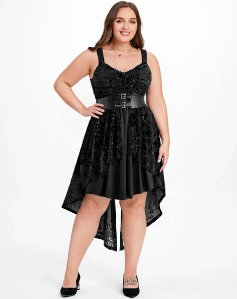 Rosegal Gothic Glitter Floral Flocking Ruched PU Panel Tank Dress