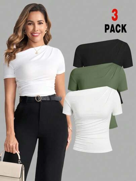 Ellevyn Multicolor Ellevyn Asymmetric Ruffled Off-The-Shoulder Short Sleeve Stretchy Knit Solid Color T-Shirt Top For Women, Elegant Spring/Summer
