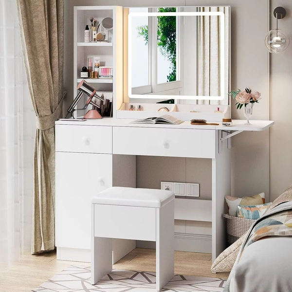 White Vanity Desk with Mirror Lights Charging Station 3 Lighting Modes Storage Cabinet Drawers Chair Bedroom, Customized - AliExpress 1503