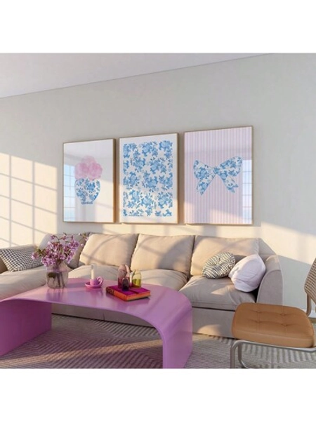 Set Of 3 Blue And Pink Watercolor Bow Print Canvas Paintings Peonies Chinoiserie Vases Wall Art Girly Poster Aesthetic College Apartment Room Decor Unframed