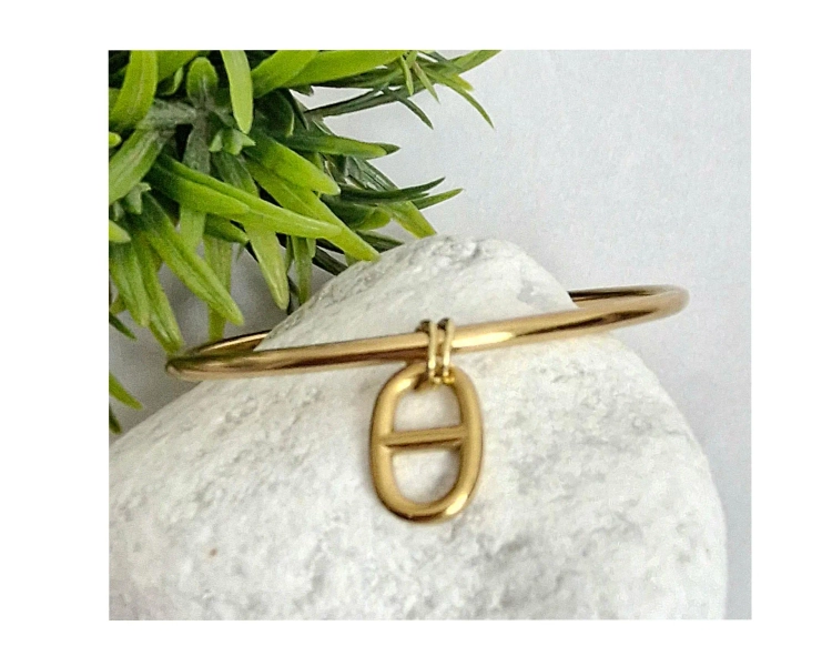 Bracelet jonc breloque maille marine Acier Inoxydable Plaqué Or et double anneaux