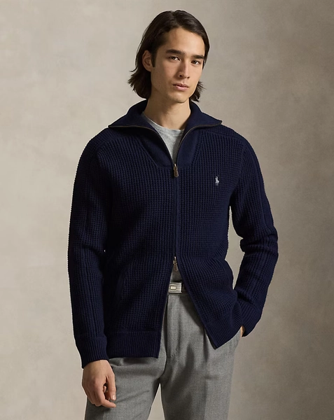 Waffle-Knit Wool-Cotton Full-Zip Jumper