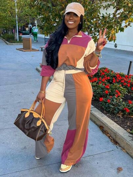 Spring And Autumn Casual Splicing Women's Two-Piece Long Sleeve Zipper Pullover Hem Waisted Top Elasticized Waist Pocket Straight Drawstring Pants Street Sweat Suit