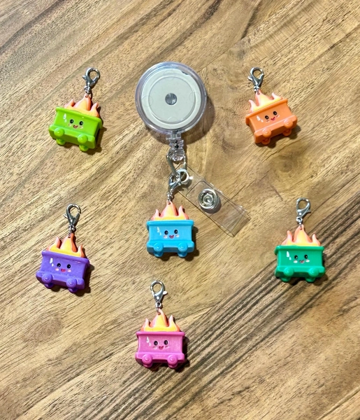 Happy Dumpster Fire Charm for Badge Reel | Funny Badge Buddy Keychain Accessory | Fun Work Charms | Gift for Nurses | Medical | Kawaii