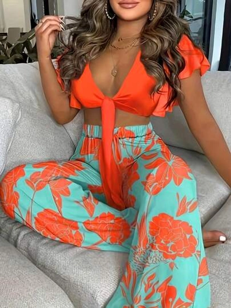 Breezaya Women's Solid Color Top & Printed Long Pants, Simple Daily 2pcs Set