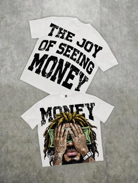 SHEIN EZwear Casual Retro Streetwear Y2K Black Portrait, Dollar Bill Graffiti Style Graphic, Oversized Letter Print Unisex Loose Fit Short Sleeve T-Shirt, Suitable For Summer Suitable For Going Out