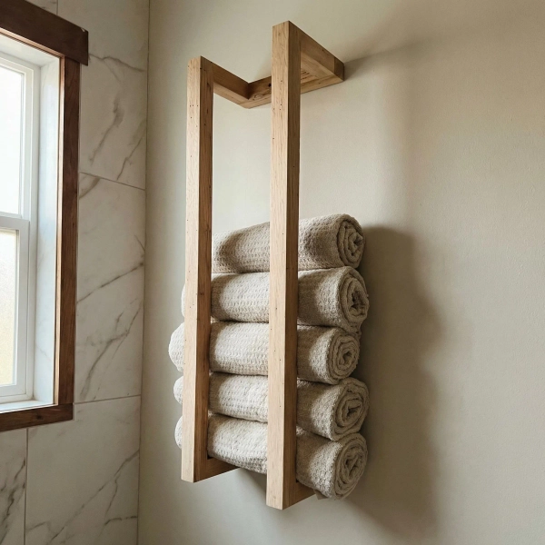Wooden Towel Ladder Wall Mounted, Bathroom Towel Rack, Solid Wood Towel Holder, Modern Bathroom Storage, Minimalist Decor