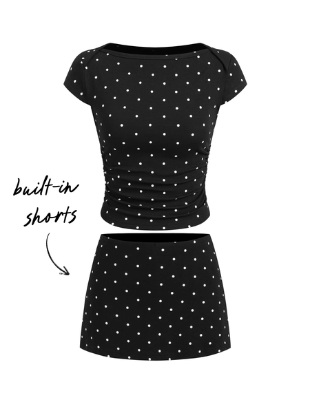 Knit Fabric Cotton-blend Boat Neck Polka Dot Ruched Tee & Mini Skort For Daily Casual