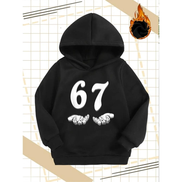 Boys' Red Hooded Sweatshirt with Number 67 Hands Print - Casual Streetwear Pullover, Regular Fit Long Sleeve Hoodie for Ages 5-13, Fall Winter Holiday Gift (halloween, Christmas)