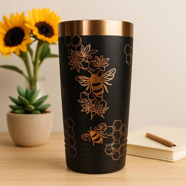 Laser Engraved Bee Tumbler: 20oz Stainless Steel Honeycomb Travel Mug