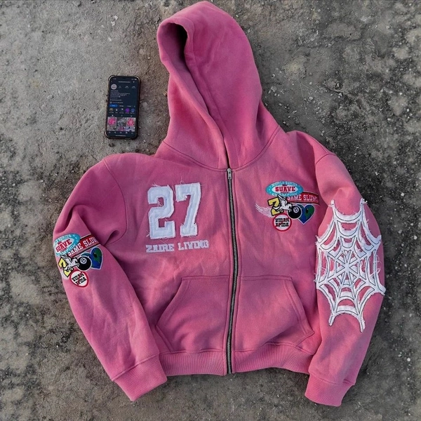 Streetwear Letter Embroidery Spider Web Cardigan Zipper Hoodie